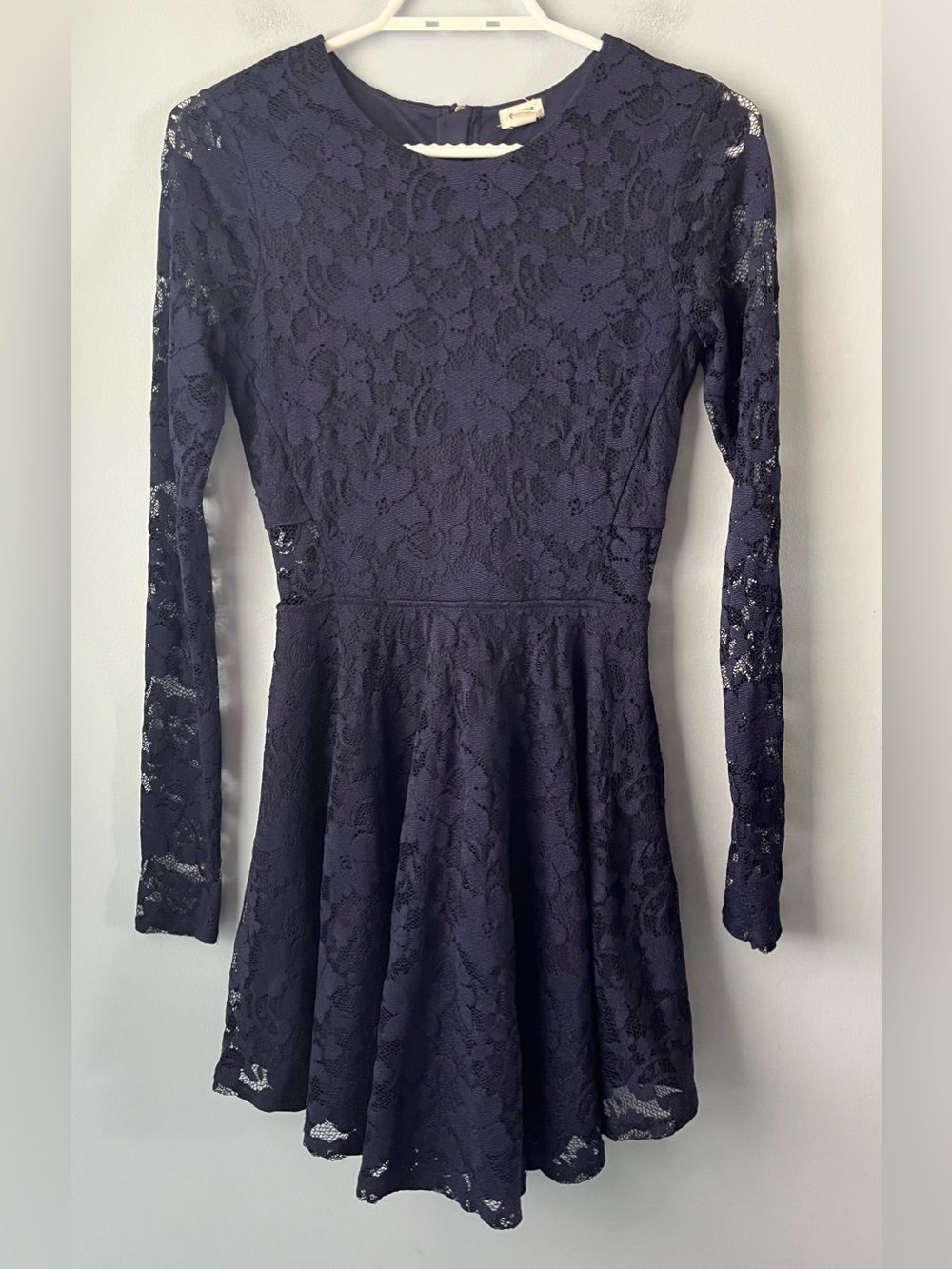 Garage Navy Blue Lace Overlay Fit & Flare A-Line Long Sleeve Mini Dress Size  XS